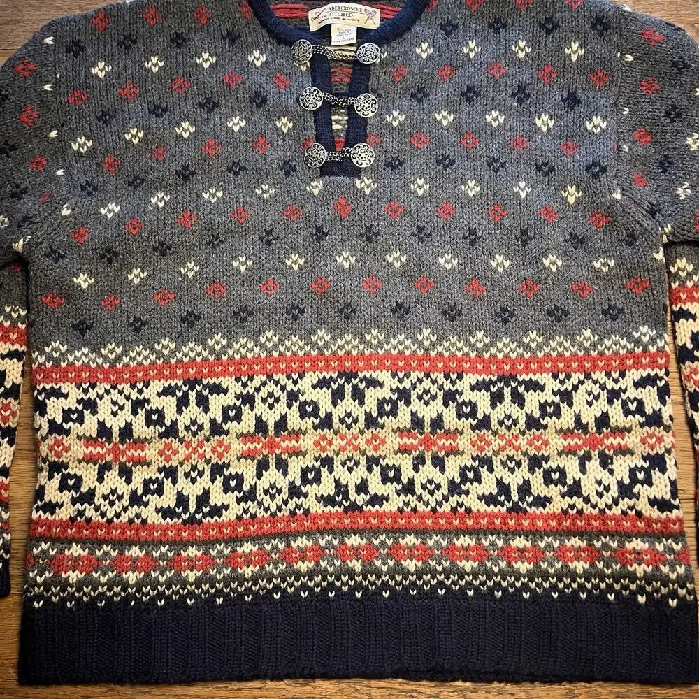 Abercrombie & Fitch Women's Large 100 Wool Nordic Sweater Y2K Fair Isle Vintage